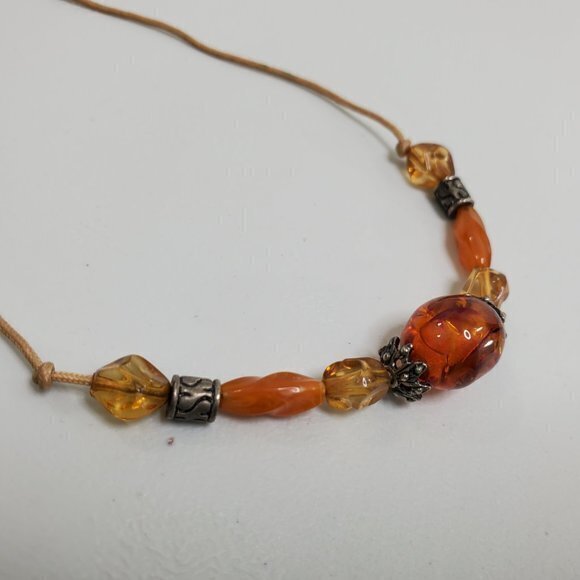 Cognac Amber Necklace Beaded Cord‎ Brown Orange Sil - Picture 3 of 7